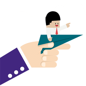 Bildet viser en illustrasjon av en mann som sitter i et papirfly. Det er en stor hånd som holder papirflyet, og mannen peker i retningen han ønsker å bli ført, som er rett frem. Bildet lenker til Forbrukerrådets sider.