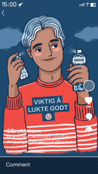 Illustrasjon av en dårlig merket TikTok med reklame. Merkingen kommer til slutt i en rekke hashtags, og er lite synlig.