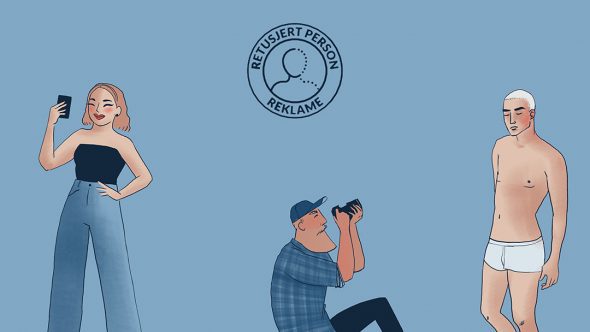 Stillbilde fra Forbrukertilsynets informasjonsvideo om retusjert reklame. Bildet viser en kvinne som tar en selfie, og en fotograf som tar et bilde av en mann i undertøy. Bildet er merket med standardmerket for retusjert reklame.