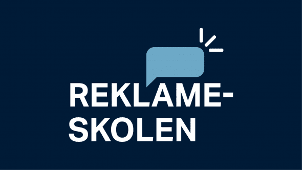 Reklameskolens logo, som består av en skinnende snakkeboble og teksten "Reklameskolen".